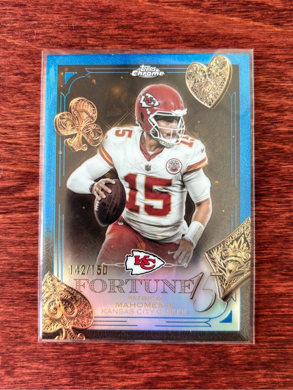 2025 Topps Chrome NFL Fortune 15 Patrick Mahomes Blue Refractor /150 Chiefs